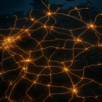 Leuchtende Datenverbindungen symbolisieren die digitale Vernetzung in einer modernen Stadt.